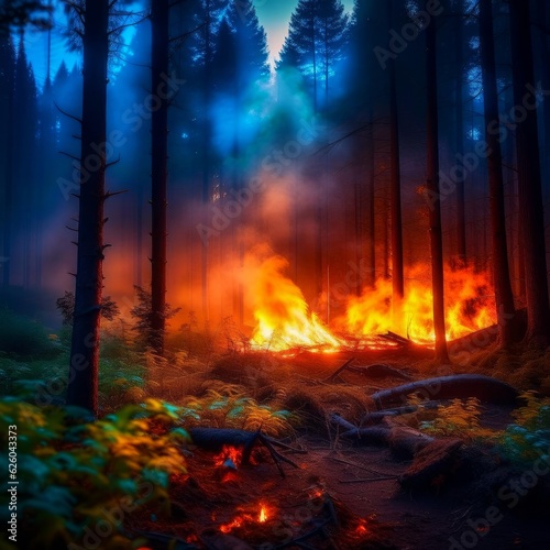 Fire in the forest. High fire risk due to global warming