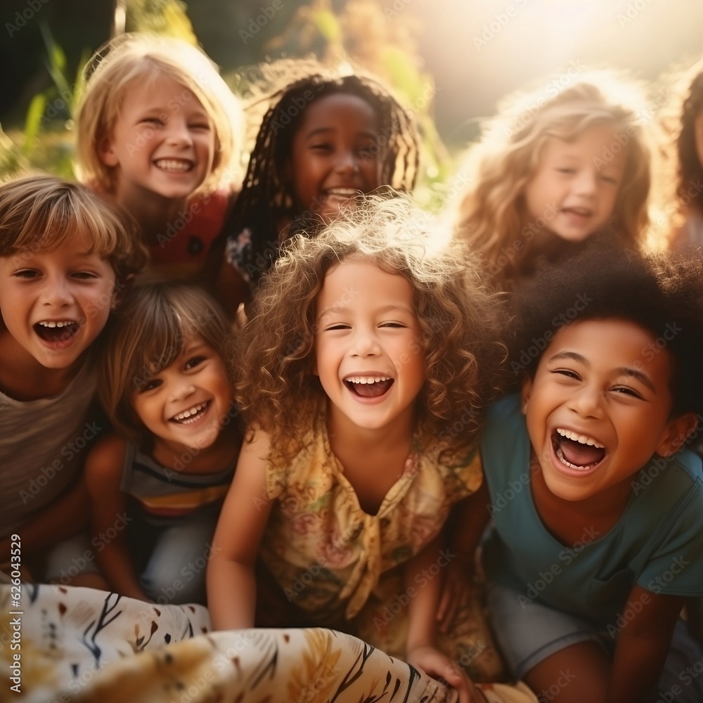Group of diverse children, cheerful, fun, happy, multiethnic children, outdoors, 4k resolution