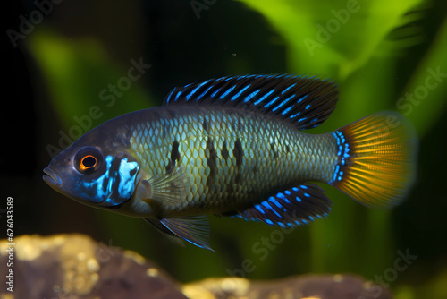 Peacock Cichlid - Native to Lake Malawi in Africa, known for their colorful, iridescent scales and outgoing personalities, they can be aggressive towards other fish (Generative AI) photo