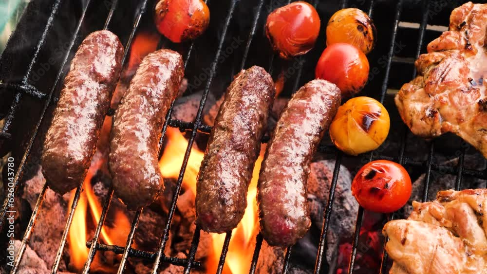 Summer Hot Day Barbecue Grilling On Charcoals Fire Burning Cooking Smoking Carnivore Diet Beef Pork Chicken Meat Sausages Steaks And Vegetables