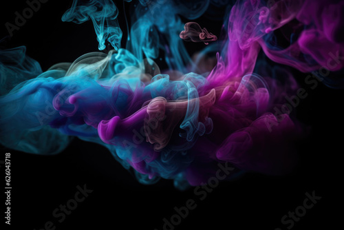 Colorful abstract smoke explosion on dark background. Steam and fog in colorful fantasy texture design. Purple and blue