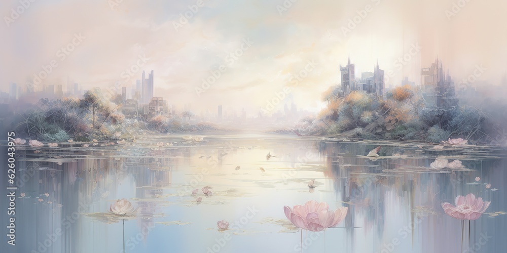 AI Generated. AI Generative. Lake water field wild flowers with urban city on background. Oil water color paint draw canvas nature outdoor landscape view relaxing vibe