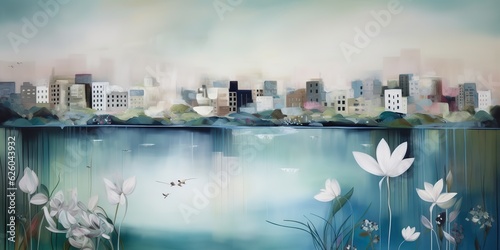 AI Generated. AI Generative. Lake water field wild flowers with urban city on background. Oil water color paint draw canvas nature outdoor landscape. Graphic Art