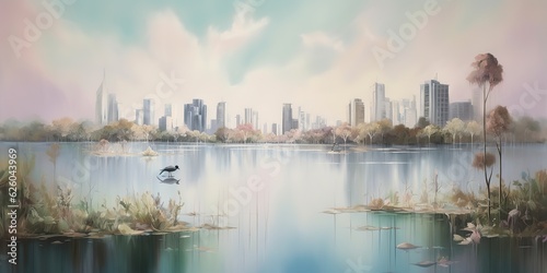 AI Generated. AI Generative. Lake water field wild flowers with urban city on background. Oil water color paint draw canvas nature outdoor landscape view relaxing vibe