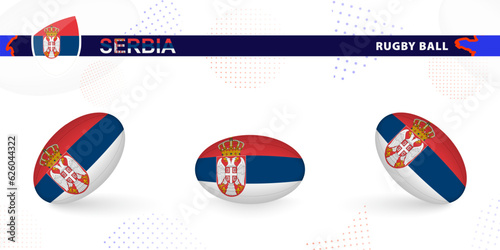 Rugby ball set with the flag of Serbia in various angles on abstract background.