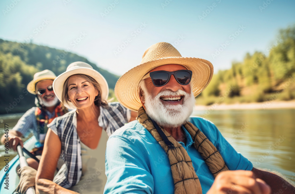 an elderly man with friends, families, kayaking on the water, generated by ai