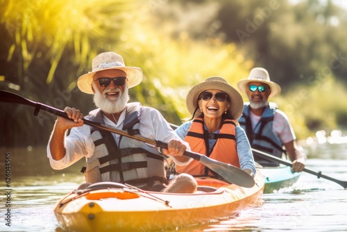 an elderly man with friends, families, kayaking on the water, generated by ai #626044565