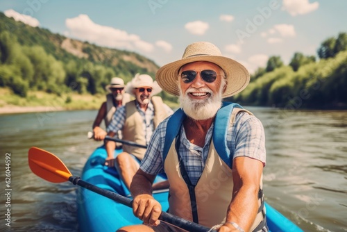 an elderly man with friends, families, kayaking on the water, generated by ai