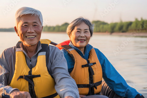an elderly man with friends, families, kayaking on the water, generated by ai #626044597