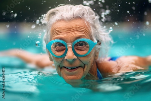 gray-haired elderly old woman swims in the pool, generated by ai
