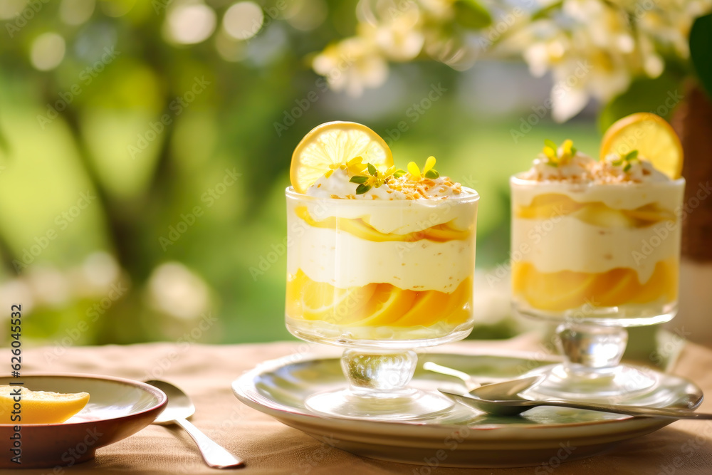 Summer trendy dessert. Citrus tiramisu with lemons and oranges decorated with edible flowers in transparent vases on wooden table on blurred garden background. Italian dessert. Healthy sweets Summer trendy dessert. Citrus tiramisu with lemons and oranges decorated with edible flowers in transparent vases on wooden table on blurred garden background. Italian dessert. Healthy sweets
