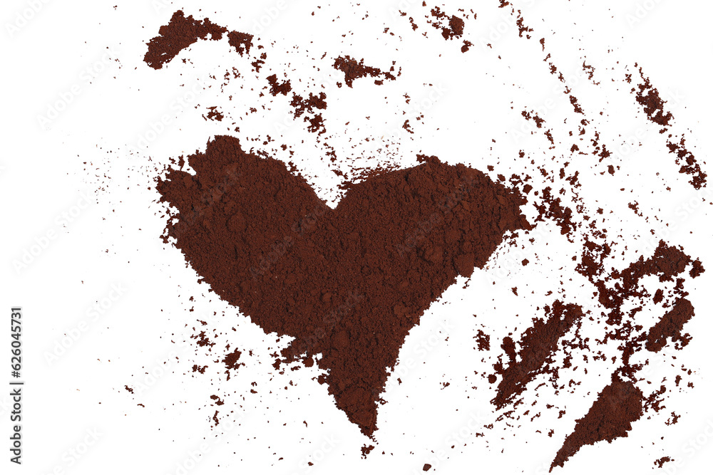 Instant powdered coffee in shape heart, espresso isolated on white, top view Instant powdered coffee in shape heart, espresso isolated on white, top view