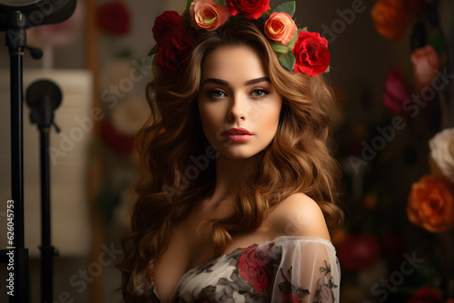 portrait of beautiful woman model in studio with photography concept