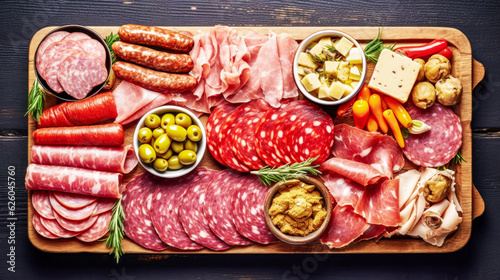 Meat plate . Assortment of natural delicious deli meats with vegetables and olives on wooden board on wooden background. Healthy food. Snacks for wine. Flat lay, closeup