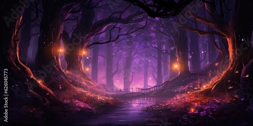 Fantasy mysterious and fairytale magical forest with purple and amber lighting pathway at dark misty night, generative ai