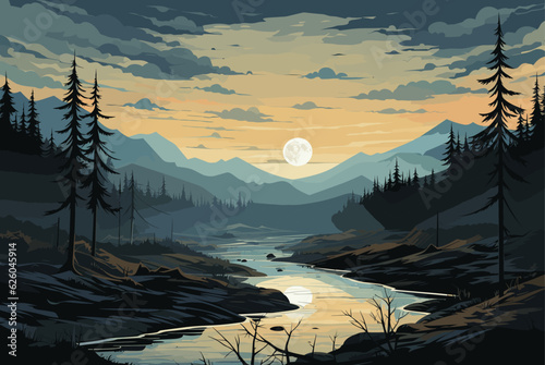 Hand drawn flat design blue mountain landscape with the moon illustration. Backgrounds landscapes of mountains, hill and the moon. vector illustrations	