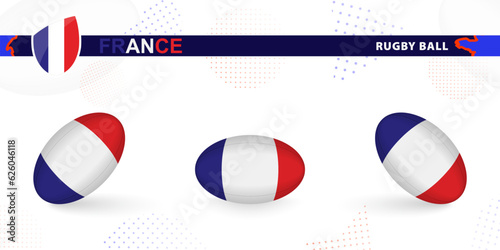 Rugby ball set with the flag of France in various angles on abstract background.