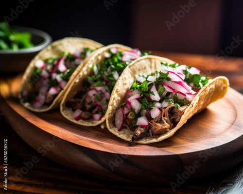 Beef Tongue Tacos  exquisitely garnished with cilantro and diced onions on a rustic wooden countertop