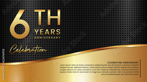 6th anniversary template design in gold color isolated on a black and gold texture background, vector template