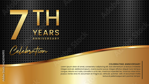 7th anniversary template design in gold color isolated on a black and gold texture background, vector template