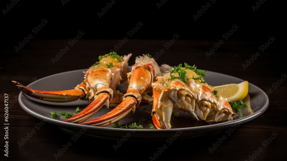 A photo with presentation of delicious Garlic Butter Crab Legs, food photography, gourmet created with Generative AI technology A photo with presentation of delicious Garlic Butter Crab Legs, food photography, gourmet created with Generative AI technology