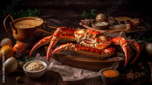 A photo with presentation of delicious Garlic Butter Crab Legs, food photography, gourmet created with Generative AI technology