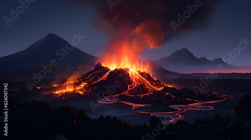 Volcanic landscape lava ash fountain twilight glow