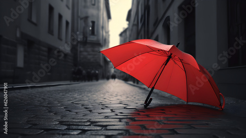 Red umbrella on the street on a rainy day