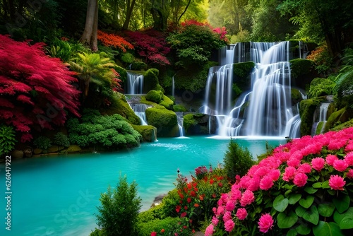 A sprawling park with an artificial Waterfall and Pink Flowers - AI Generative © Being Imaginative