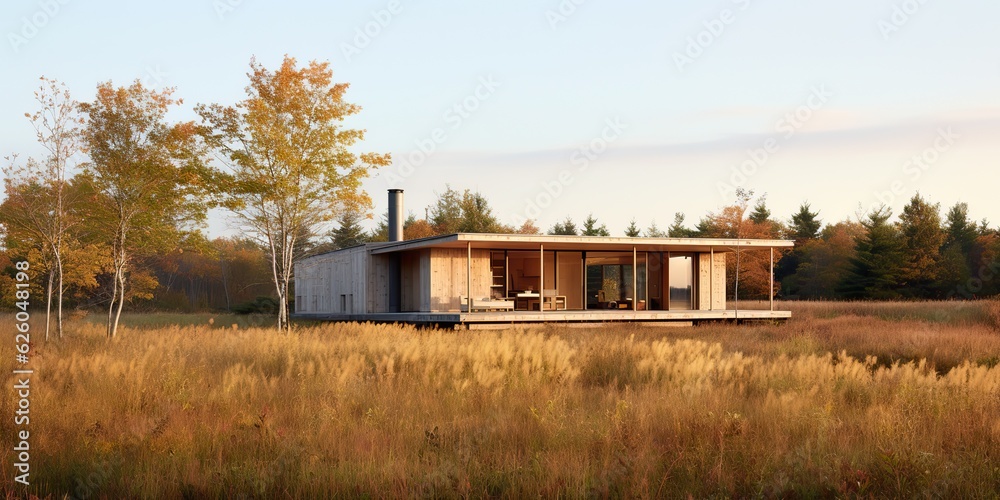 AI Generated. AI Generative. Nature outdoor lonely minimal wooden house on yellow autumn farming field. Adventure vacation countryside background relaxing vibe. Graphic Art AI Generated. AI Generative. Nature outdoor lonely minimal wooden house on yellow autumn farming field. Adventure vacation countryside background relaxing vibe. Graphic Art