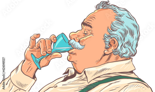 A taster of excellent drinks in a restaurant. Exquisite cocktails at the bar. A full grown man with a mustache drinks from a glass goblet. Pop Art Retro