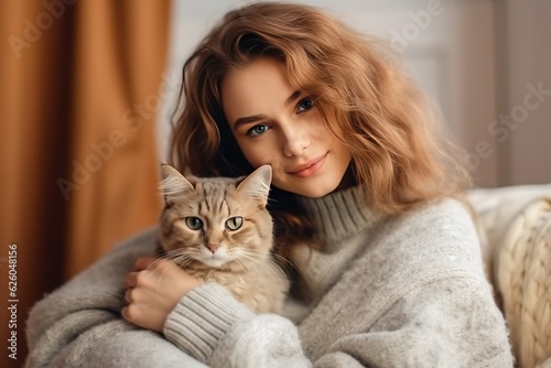 woman with cat in room at house