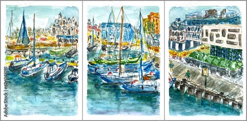 Wallpaper Mural Seafront with yachts, watercolor illustration Torontodigital.ca