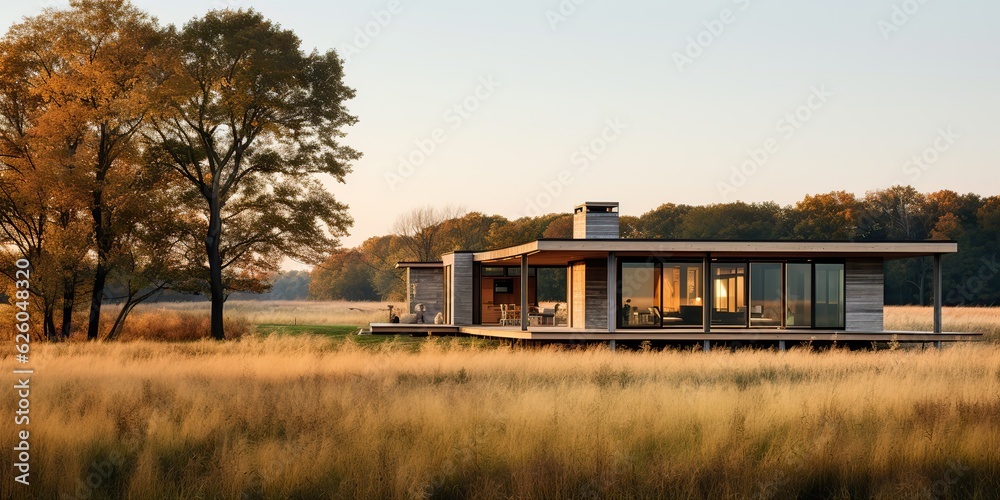 AI Generated. AI Generative. Nature outdoor lonely minimal wooden house in yellow autumn farming field. Adventure vacation countryside background relaxing time view travel AI Generated. AI Generative. Nature outdoor lonely minimal wooden house in yellow autumn farming field. Adventure vacation countryside background relaxing time view travel