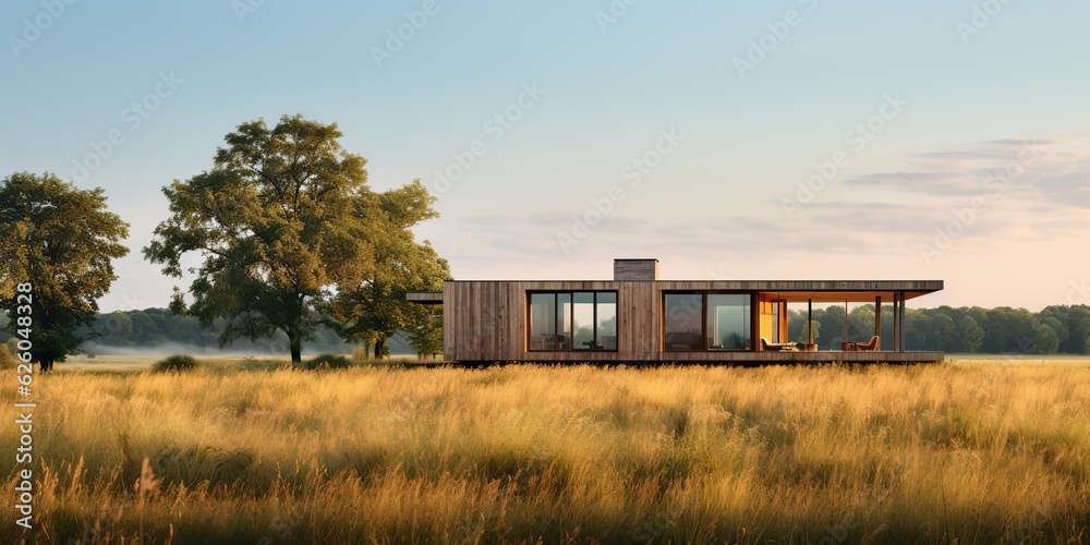 AI Generated. AI Generative. Nature outdoor lonely minimal wooden house on yellow autumn farming field. Adventure vacation countryside background relaxing vibe. Graphic Art AI Generated. AI Generative. Nature outdoor lonely minimal wooden house on yellow autumn farming field. Adventure vacation countryside background relaxing vibe. Graphic Art