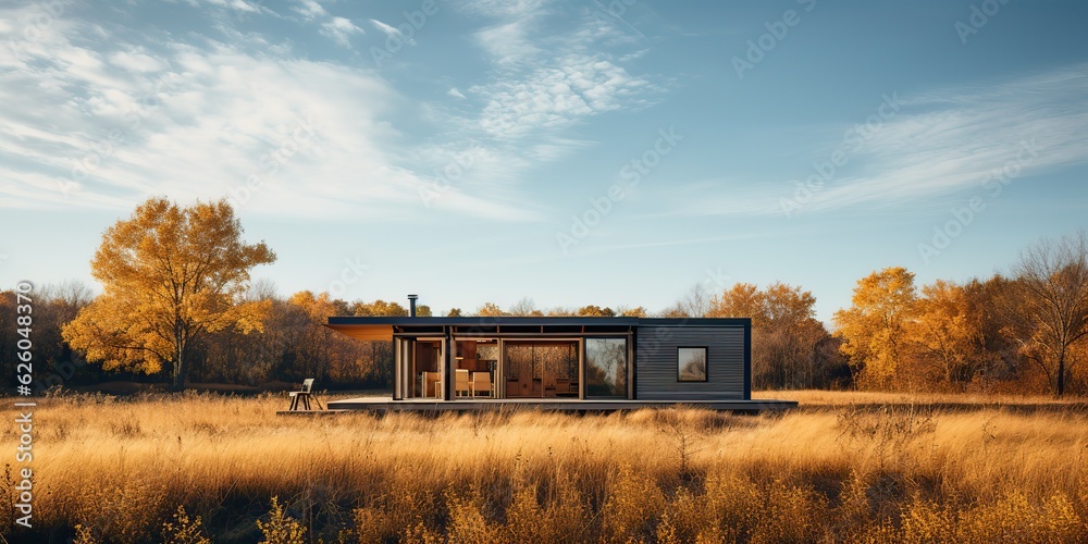 AI Generated. AI Generative. Nature outdoor lonely minimal wooden house in yellow autumn farming field. Adventure vacation countryside background relaxing time view travel AI Generated. AI Generative. Nature outdoor lonely minimal wooden house in yellow autumn farming field. Adventure vacation countryside background relaxing time view travel