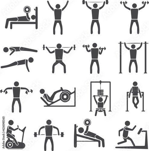 gym physical fitness and physical training vector art design, icon, people, vector, silhouette, symbol, pictogram, sport, set, fitness, business, sign, illustration, stick, person, figure, exercise
