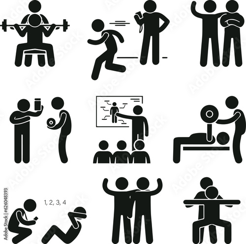 gym physical fitness and physical training vector art design, icon, people, vector, silhouette, symbol, pictogram, sport, set, fitness, business, sign, illustration, stick, person, figure, exercise