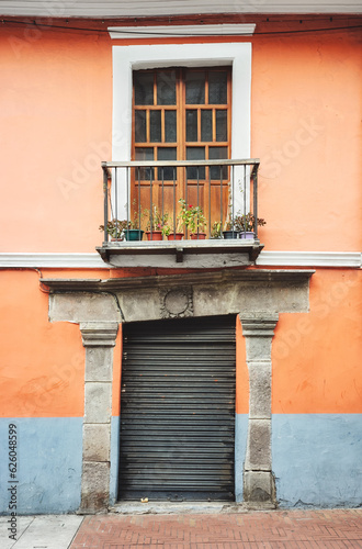 Street view of an old building facade, architecture background, Quito, Ecuador. © MaciejBledowski