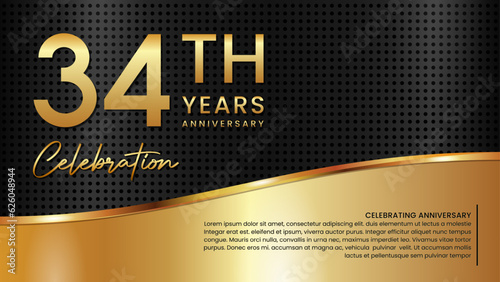 34th anniversary template design in gold color isolated on a black and gold texture background, vector template