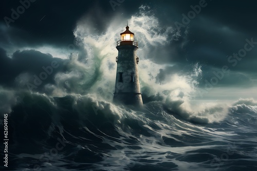 Obraz na plátne A captivating shot of a solitary lighthouse standing tall against crashing waves, a guiding beacon in a sea of uncertainty