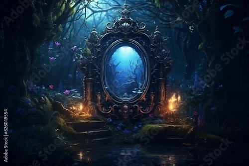 Enigmatic Enchanted Forest. A Magical Mirror. AI