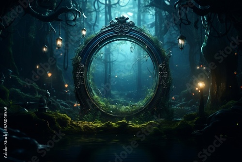 Enigmatic Enchanted Forest. A Magical Mirror. AI © Usmanify