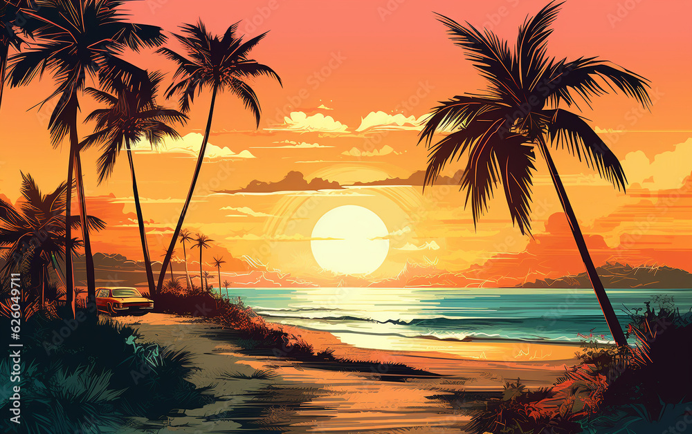 Vector Art of tropical beach Cartoon Vector . Template of Illustration Graphic Modern Pop Art Poster, Created using generative AI tools.