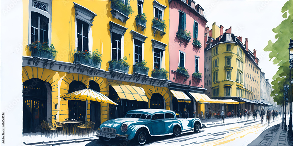 Fototapeta premium Watercolor paint of car on the stereet. AI generated illustration