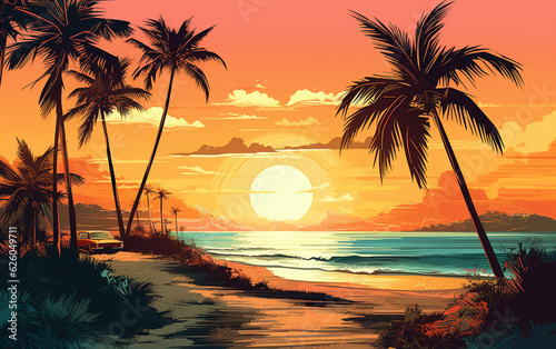 Vector Art of tropical beach Cartoon Vector . Template of Illustration Graphic Modern Pop Art Poster  Created using generative AI tools.