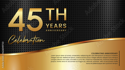 45th anniversary template design in gold color isolated on a black and gold texture background, vector template