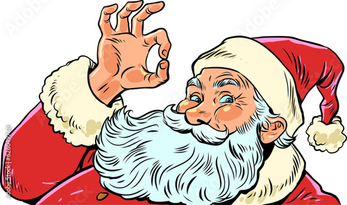 Upcoming New Year holidays. Recommendations from a childhood hero. Santa claus shows ok sign with his hand. Pop Art Retro