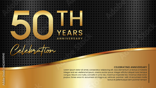 50th anniversary template design in gold color isolated on a black and gold texture background, vector template