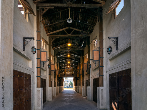 Al Hasa Traditional Souq Market Saudi Arabia inside wide angle view.Al Hasa, Saudi Arabia.